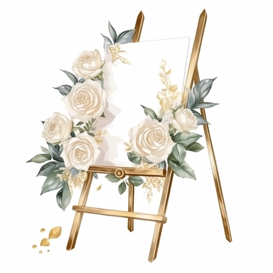 hand drawn gold easel with a blank white sign, white roses and white flowers with greenery, glamorous, very detailed and realistic, watercolor, clipart style, white background with margins