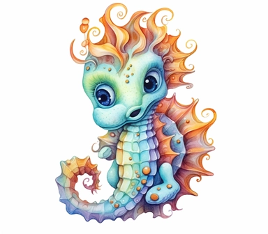 Cute Beautiful Fantasy colorful Baby seahorse Watercolor clipart,Cartoon, hyper realistic, intricate detail, illustration style,high solution,on the white background , 32k resolution, ultra high definition