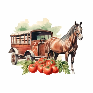 a beautiful horse carrying tomatoes, watercolor clipart & clip art, in the style of light red and dark gray, narrative paneling, classic american cars, uhd image, hand lettering, depiction of rural life, wood