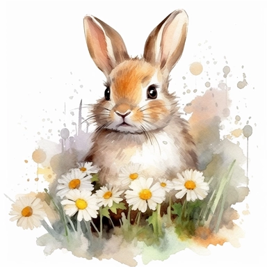 little baby bunny in the daisies at the forest with watercolor effect,home style,suitable for digital clipart,white background