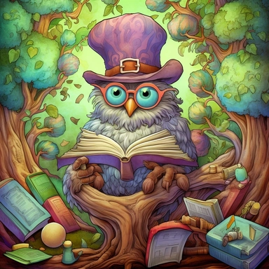 COMIC/CARTOON fantasy magical wacky owl reading books in a huge tree,large eyeglasses, hats, muted colors, swirls, twists, twirls, metallic, glitter, stylized, funny, centered, airbrushed, digital oil, detailed illustration, clip art, cartoon, 8k, ar 9:8