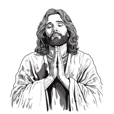 Jesus Christ, Cartoon Line art, praying, clipart style, solid white background