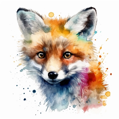 please create watercolor clipart of a baby arctic red fox facing to the right and smiling, face close view, colorful