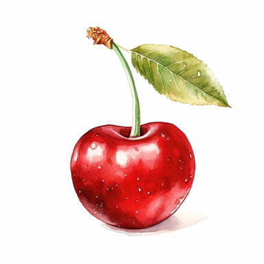 A delightful watercolor clipart of a cherry, elegantly displayed against a clean white background. The watercolor technique beautifully captures the vibrant red color of the cherry, with soft brushstrokes that bring out its glossy sheen and plumpness. The clipart showcases the intricate details of the cherry, from its round shape to the subtle variations in color on its skin. The white background creates a visually striking contrast, allowing the cherry to take center stage and evoke a sense of 