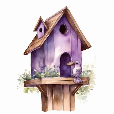 Clipart, lavenderaround wooden bird house, watercolor, whimsical, enchanting, nostalgic, minimalistic
