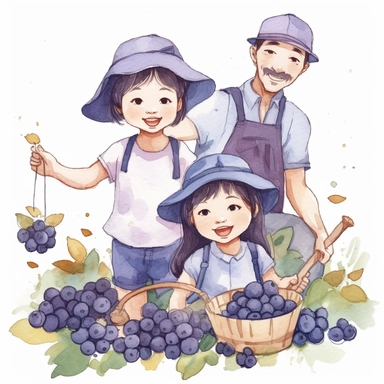 clip art of an asian baby girl and her dad are harvesting fresh blueberry with basket, crayon colouring, in the style of illustrator Ashley Bryan, smilecore, soggy, sticker set, ready-made objects, loose paint application, white background, embroidery