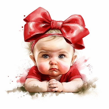 watercolour style cute newborn chubby size baby girl curled up frowning her eyebrows dribbling from mouth a red bow on head fine details Christmas dress wide background png plain background clipart