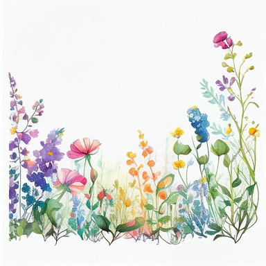 pastel color high resolution many field blossoms and flowers, floral bottom low border, watercolor clipart, white background