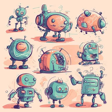 clipart collection of scribbles and illustrations of a group of generative AI bots featuring an author bot, a coding bot, an illustration bot, photographer bot and an assistant bot, all non-binary characters, professional web design, friendly, cool, modern web illustration, two-tone, cute, playful, helping
