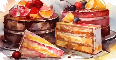 water color clipart some slices of cake with cheese and fruit tucked in, in the style of layered gestures, red and brown, multilayered, intense close-ups, bloomcore, ferrania p30, magewave