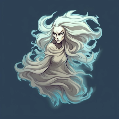 Create a cartoon-style clipart of a translucent banshee with flowing silver hair. The banshee should be depicted with a mournful expression and ghostly, ethereal features. Against a plain, high-contrasted background, Midjourney should use light, wispy str