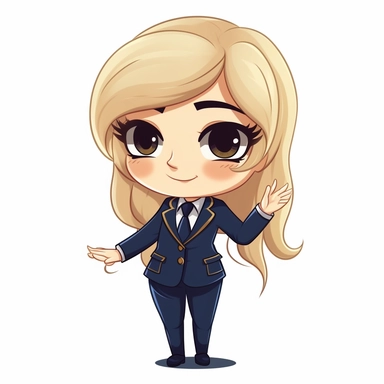 , a cute female banker named honey clipart with dark blue suit white background explaining hand gestures
