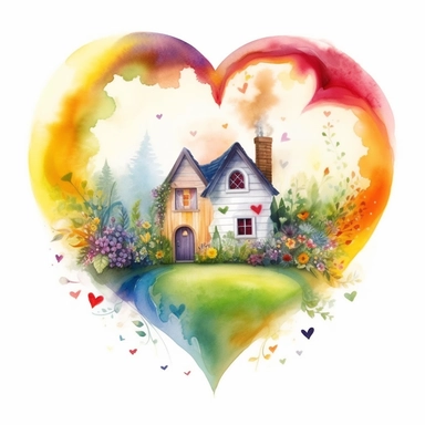 painting of a heart with a rainbow and a cottage inside of it, in the style of enchanting realms, nature-inspired installations, bloomcore, mesmerizing colorscapes, skillful, fluid and organic, cottagecore, clipart, blank white background