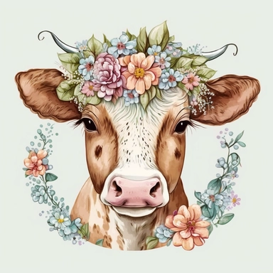 Cute Floral Cow wreath, hand draw Illustration clipart, by Betsey Johnson, 4K, extremely detailed, detail to every pixel