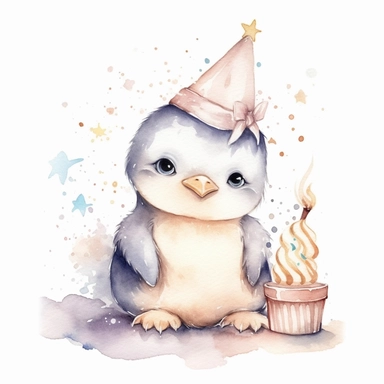 cute watercolor newborn soft beige baby penguin toy smiling with stars and birthday cake, watercolor effect, isolated white background, babyshower clipart, soft beige tones