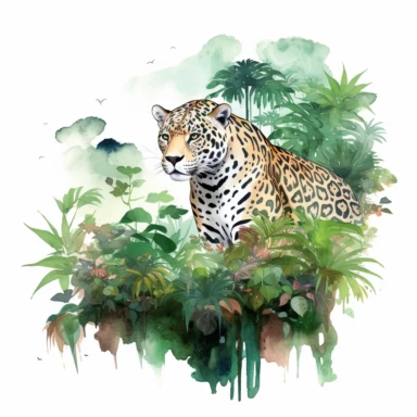 watercolor clipart, white background, Design a printable featuring a stunning jaguar, showcasing its wild beauty amidst the rainforest