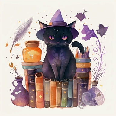 Watercolour cute black witches cat, wearing a witch hat, clipart. The cat is sitting on a bookshelf, surrounded by books and potions. Its fur is a mix of black and orange shades, and its eyes are looking directly at the viewer. The witch hat has a purple ribbon, and the cat is holding a feather quill in its paw. The bookshelf is in a dark, candlelit room, with cobwebs and a cauldron in the corner. The books have titles like The Art of Witchcraft and Magical Potions and Spells. The potions on the