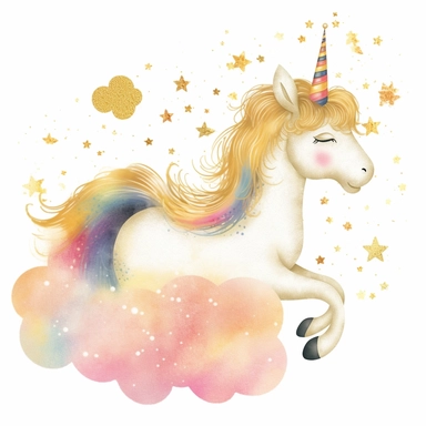 one gold glitter unicorn clipart with a rainbow an fluffy gold clouds,, white background
