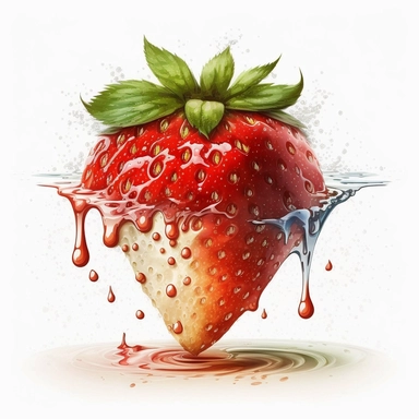 strawberry digital illustration line art and water color art, bite mark, realistic fruit, white background, clipart