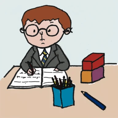a young student who looks like Harry Potter sits at a desk with a pencil and 1st grade math quiz in front of him, he has a small block of base ten blocks on the table and is using them to build a model of an addition problem to check his work, the image should be in the style of clip art