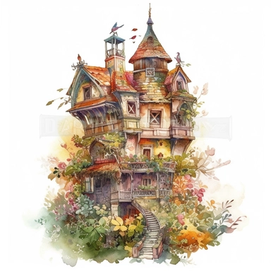 beautiful , sharp focus, no blur, artists rendition,intricate detail, high resolution, watercolor birdhouse victorian castle clipart, white background,