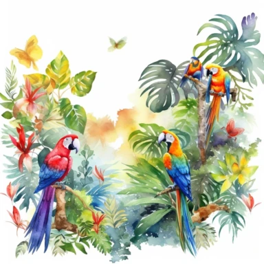 Create a clipart of a watercolor painting of a jungle scene with monkeys and parrots. No Background