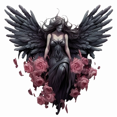 Gothic petals Dark fantasy a fallen angel Clipart, Cartoon, hyper realistic, intricate detail, illustration style, high resolution, on the white background