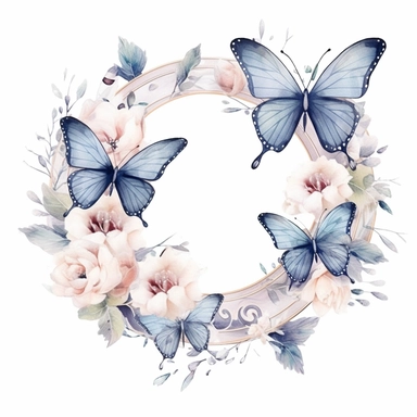 frosty white butterfly clipart with flower border, white background, watercolor, vector