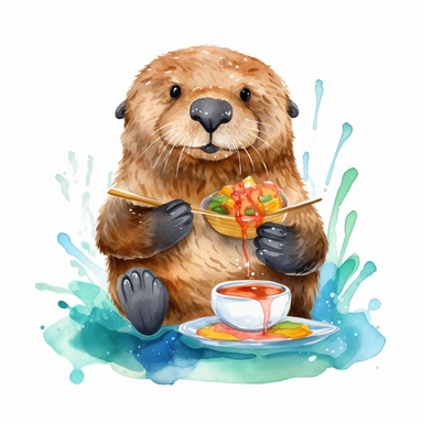 cute smiling watercolor sea otter holding food, white background, clipart, 8k resolution, high saturation, juicy colors, unreal engine
