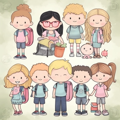 clip art back to school characters, soft colours, children