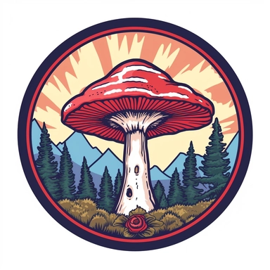 graphic bold, magic mushroom round logo, clipart, Colorado state flag colors