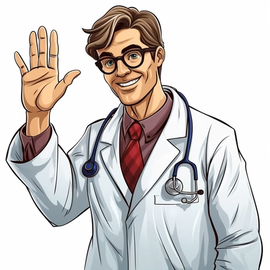 a clipart doctor showing his palm