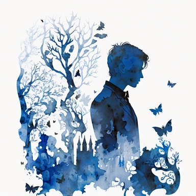 a clipart. a wide shot of a beautiful attractive gothic man prince looking like a cat-man. Standing in profile. in the beautiful gothic fantasy style. surrounded by deep-blue trees and fog. fantasy mystery atmosphere. white background. deep blue-black watercolour