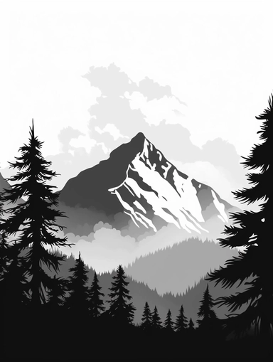 mountain silhouettes download cliparts, in the style of bob ross, alex katz, tattoo-inspired, birds-eye-view, wood, black and white contrast, charles addams