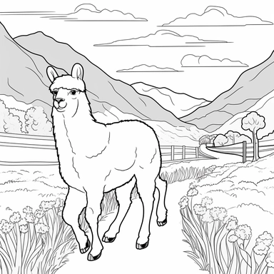 alpaca running in a valley under the alps, valley under the alps with an alpaca, cartoon image, clipart, black and white image, thick lines, vector, blank coloring page