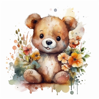 a moving Teddy bear with cute big eyes, happy smiling face, cute animal, adorable, playful atitude, adorable watercolor animal clipart with a few plant and flowers decor, no background, high quality very sharp with clear focus