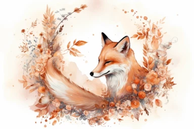fox sleepy moon clip art october download, in the style of intricate, delicate flower and garden paintings, light white and orange, the stars art group (xing xing), dreamy watercolor florals, faux naïf, shaped canvas