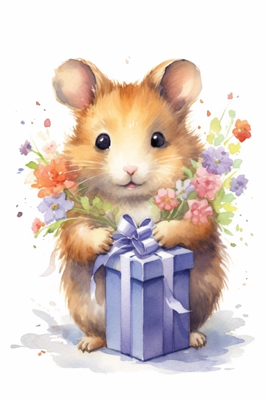 Create a watercolor clipart picture of a hamster with a birthday gift, white background. The hamster should have a cute and happy expression, with its fur depicted in soft watercolor textures. Surround the hamster with small flowers and greenery, adding a