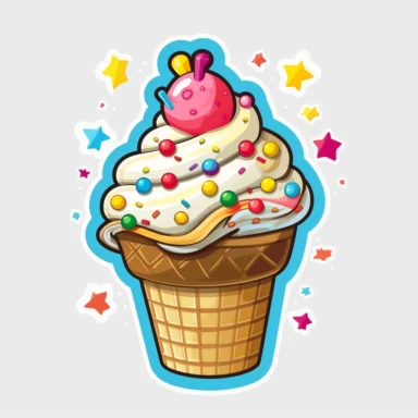 Generate a clipart image of a birthday cake with an ice cream theme. Incorporate elements like ice cream cones, scoops of ice cream, and colorful sprinkles to create a cake that resembles a giant ice cream sundae.