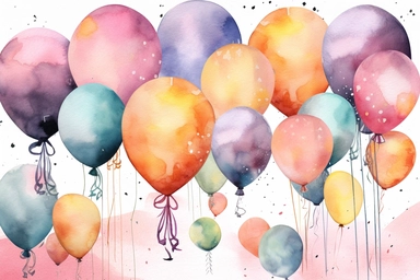 watercolor birthday clip art with balloon gifts, in the style of dau al set, art deco sensibilities, aquarellist, vibrant stage backdrops, dadaist mixed-media art, folk art inspiration, lush and detailed