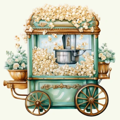 A realistic high detailed watercolor wedding popcorn machine, pastel colors, in the style of digital print, clipart, illustration, sticker, ultra high definition, rich details, 32K, HD