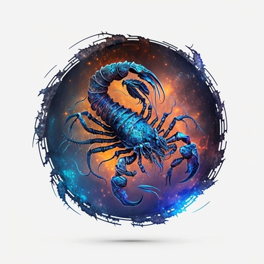 round mystical astrological scorpion zodiac sign, 3d effect, fantasy, fairytale, many astrological details, storybook, clipart, digital painting, light ink, very detailed, very realistic, bright mood, white background, 4k quality