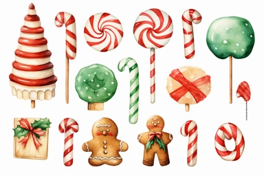 watercolour of a variety of Christmas Candies and cookies. Red and Green Gumdrops, Candy Canes, Peppermints, ginger breads, ribbon candy, clipart variations, simple, vector, 8k