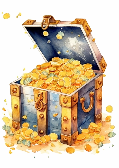 cute watercolor underwater pirate treasure chest full of gold clipart, full body, hd, on white background, spaced out