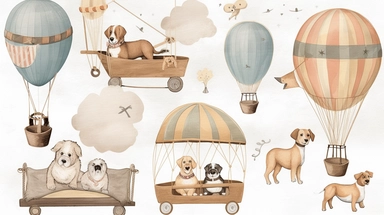Wood dog Pilot Clipart, balloon with a basket , Aviator Clipart, cute sweet dogs Illustrations vintage