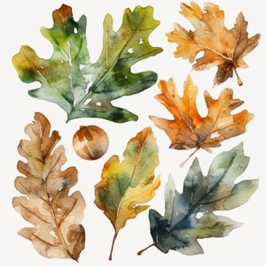 watercolor oak leafes, clipart