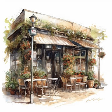 A vintage-style illustration of a bistro with outdoor seating and flower pots, watercolor illustration with photorealistic high details clipart, white background.