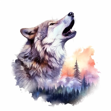 watercolor illustration of a beautiful and cute Wolf howling at the moon in nature dual exposure clipart, in the style of realistic watercolor paintings, realistic, detailed, bright colours, white background, clipart, detailed