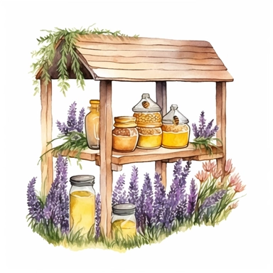 hand drawn honey stand, honey for sale, flowers and grass, shades of yellow and purple, very detailed, very realistic, watercolor, clipart style white background with margins