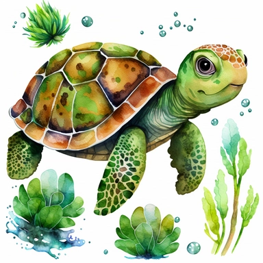 cute watercolor hand painted turtle clipart, The turtle is a small, green turtle with a big head and a small body, The turtle has big, round eyes that are filled with anger, The turtle's mouth is open in a big, angry frown, The turtle's shell is covered in bright, colorful patterns, The turtle is looking very angry and determined, The turtle is painted in a vector/cartoon style, with simple lines and bright colors
